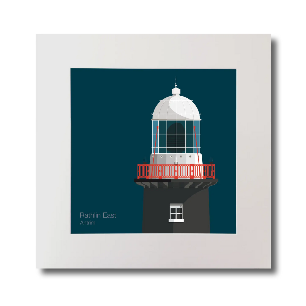 Illustration of Rathlin East lighthouse on a midnight blue background, mounted and measuring 30x30cm.