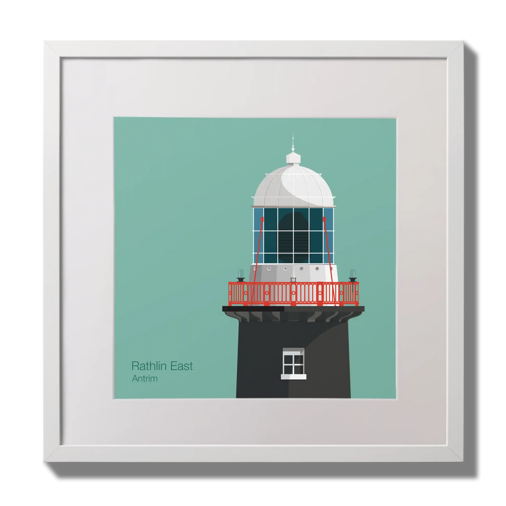 Illustration of Rathlin East lighthouse on an ocean green background,  in a white square frame measuring 30x30cm.