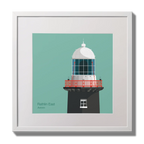 Illustration of Rathlin East lighthouse on an ocean green background,  in a white square frame measuring 30x30cm.