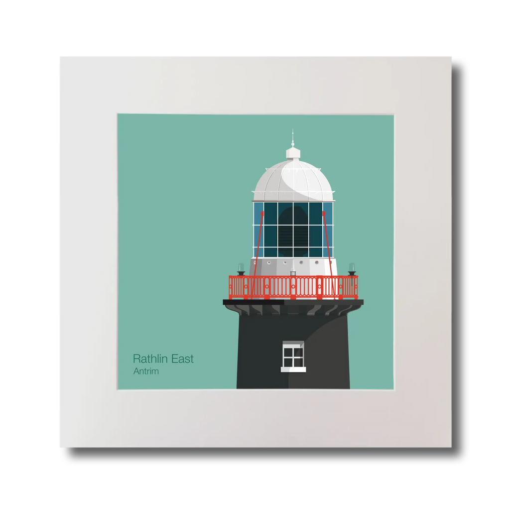 Illustration of Rathlin East lighthouse on an ocean green background, mounted and measuring 30x30cm.