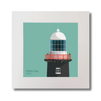 Illustration of Rathlin East lighthouse on an ocean green background, mounted and measuring 30x30cm.