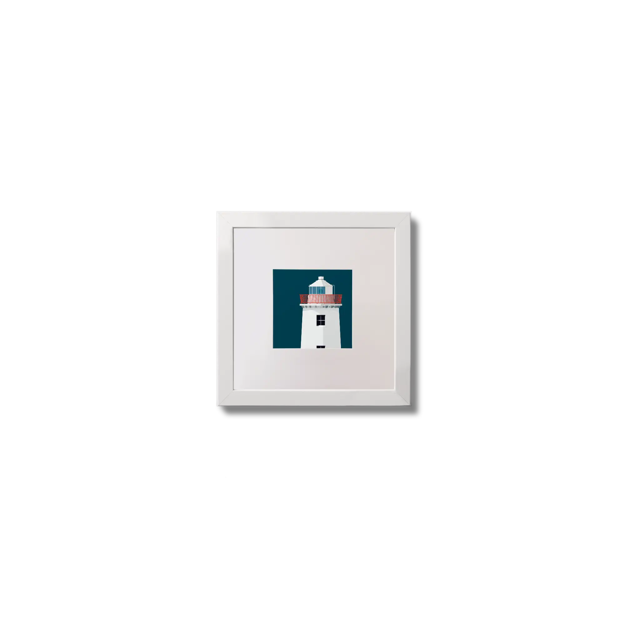 Illustration of Kilcredaun lighthouse on a midnight blue background,  in a white square frame measuring 10x10cm.