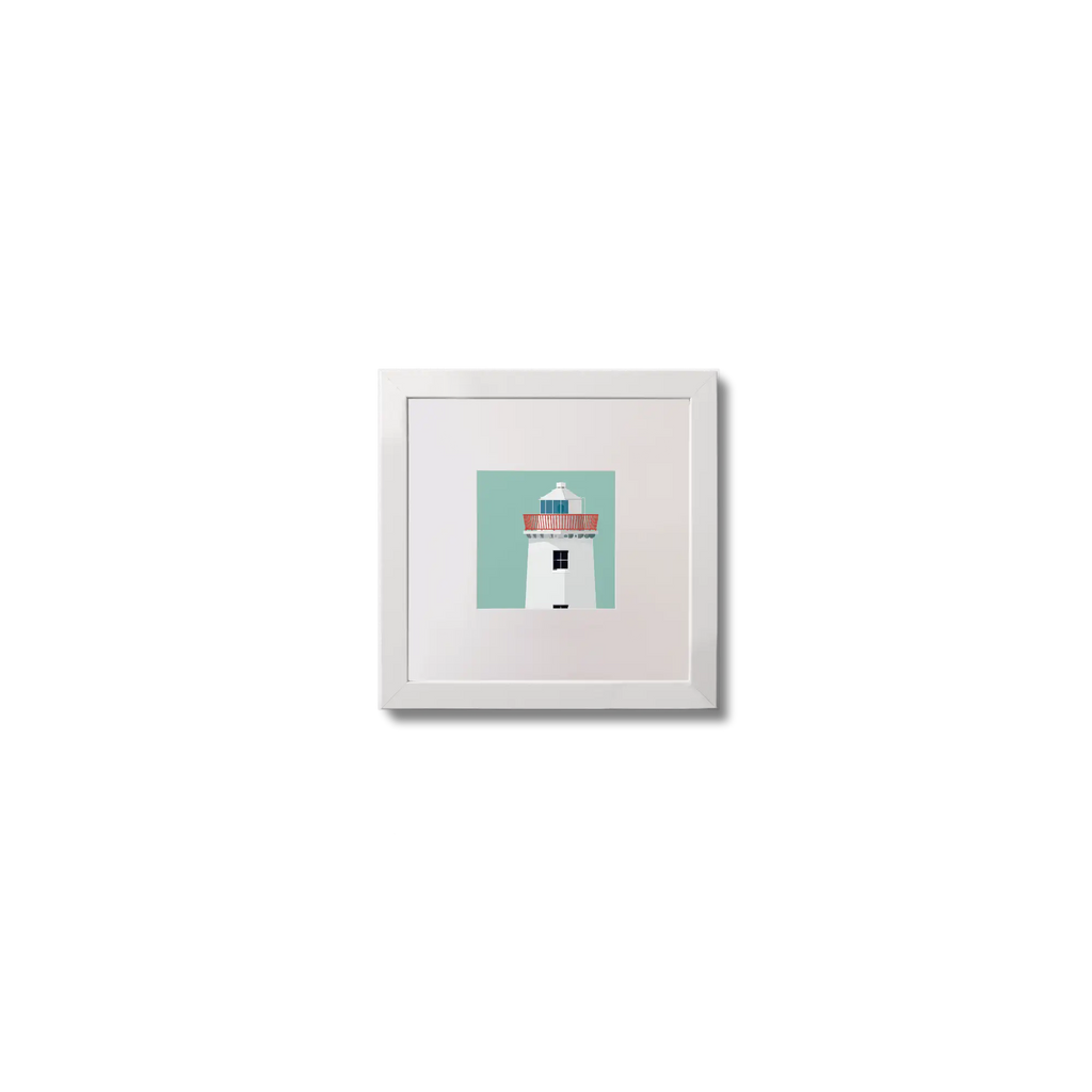 Illustration of Kilcredaun lighthouse on an ocean green background,  in a white square frame measuring 10x10cm.