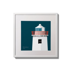 Illustration of Kilcredaun lighthouse on a midnight blue background,  in a white square frame measuring 20x20cm.