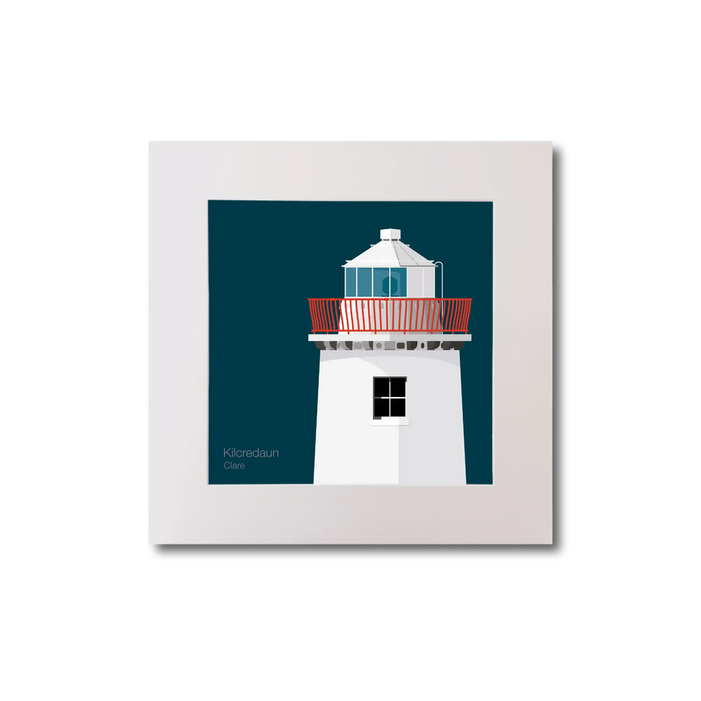 Illustration of Kilcredaun lighthouse on a midnight blue background, mounted and measuring 20x20cm.