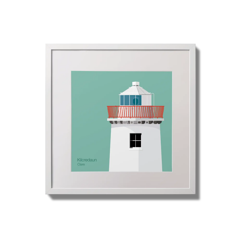 Illustration of Kilcredaun lighthouse on an ocean green background,  in a white square frame measuring 20x20cm.