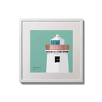 Illustration of Kilcredaun lighthouse on an ocean green background,  in a white square frame measuring 20x20cm.