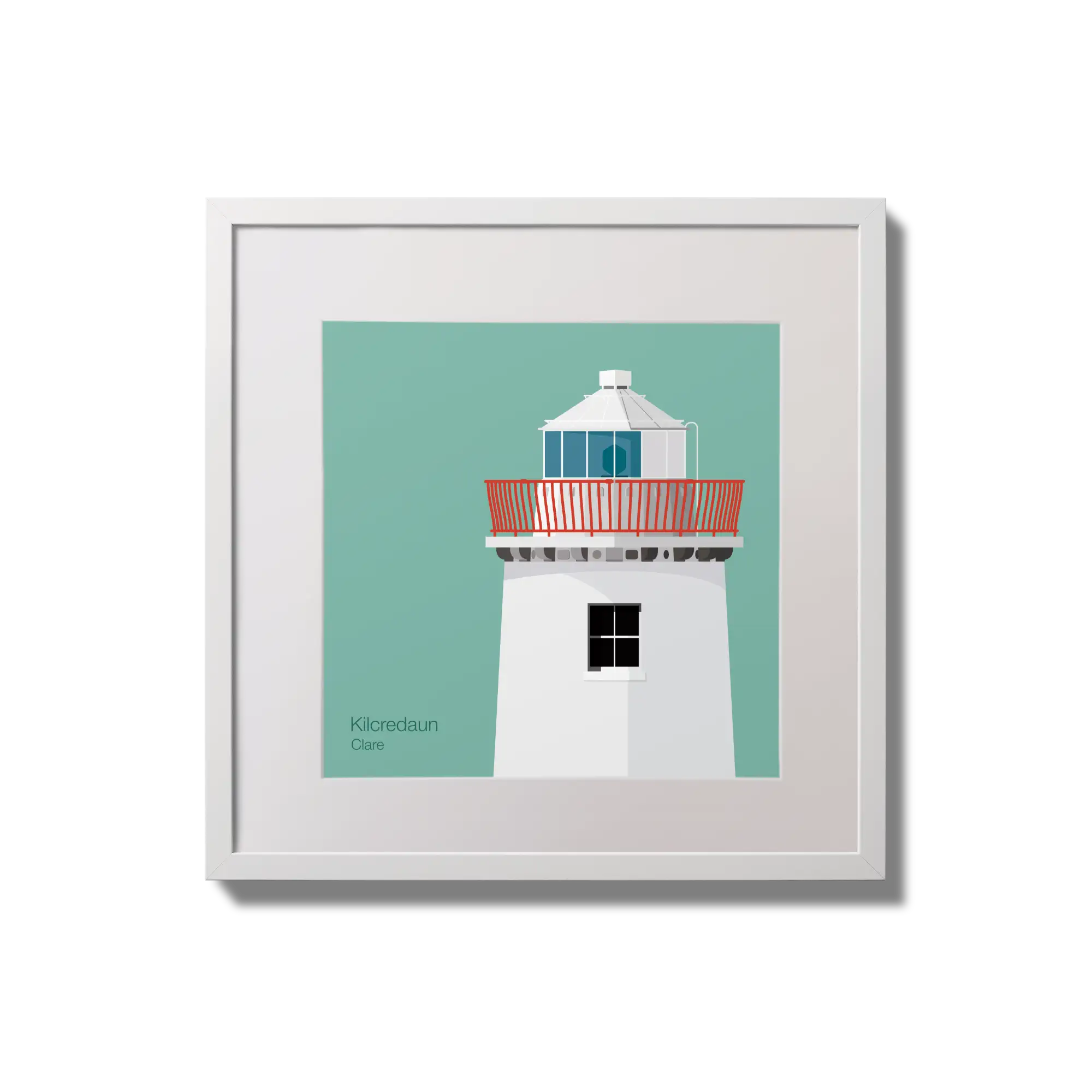 Illustration of Kilcredaun lighthouse on an ocean green background,  in a white square frame measuring 20x20cm.