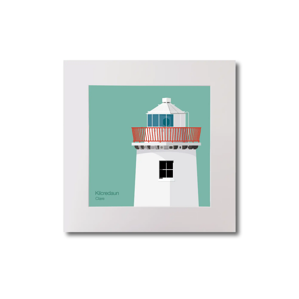 Illustration of Kilcredaun lighthouse on an ocean green background, mounted and measuring 20x20cm.