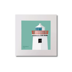 Illustration of Kilcredaun lighthouse on an ocean green background, mounted and measuring 20x20cm.