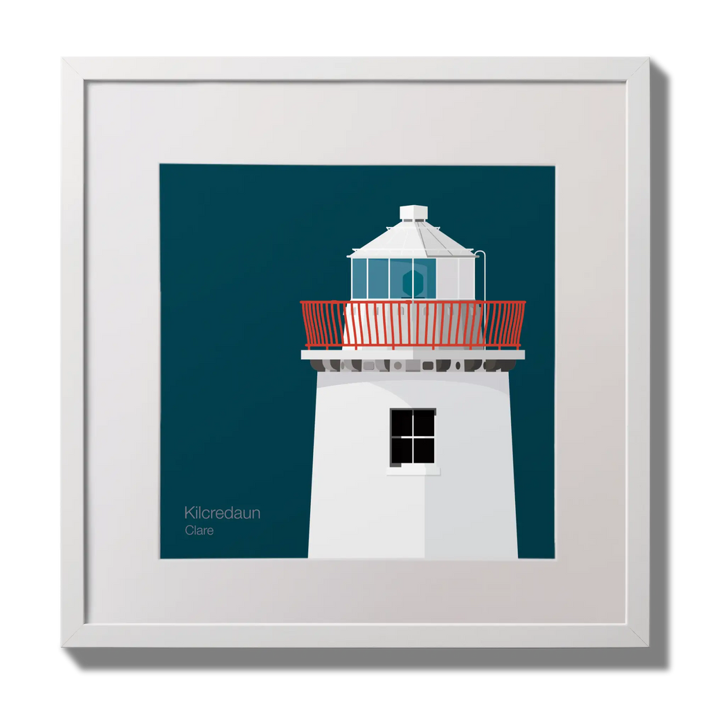 Illustration of Kilcredaun lighthouse on a midnight blue background,  in a white square frame measuring 30x30cm.