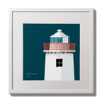 Illustration of Kilcredaun lighthouse on a midnight blue background,  in a white square frame measuring 30x30cm.