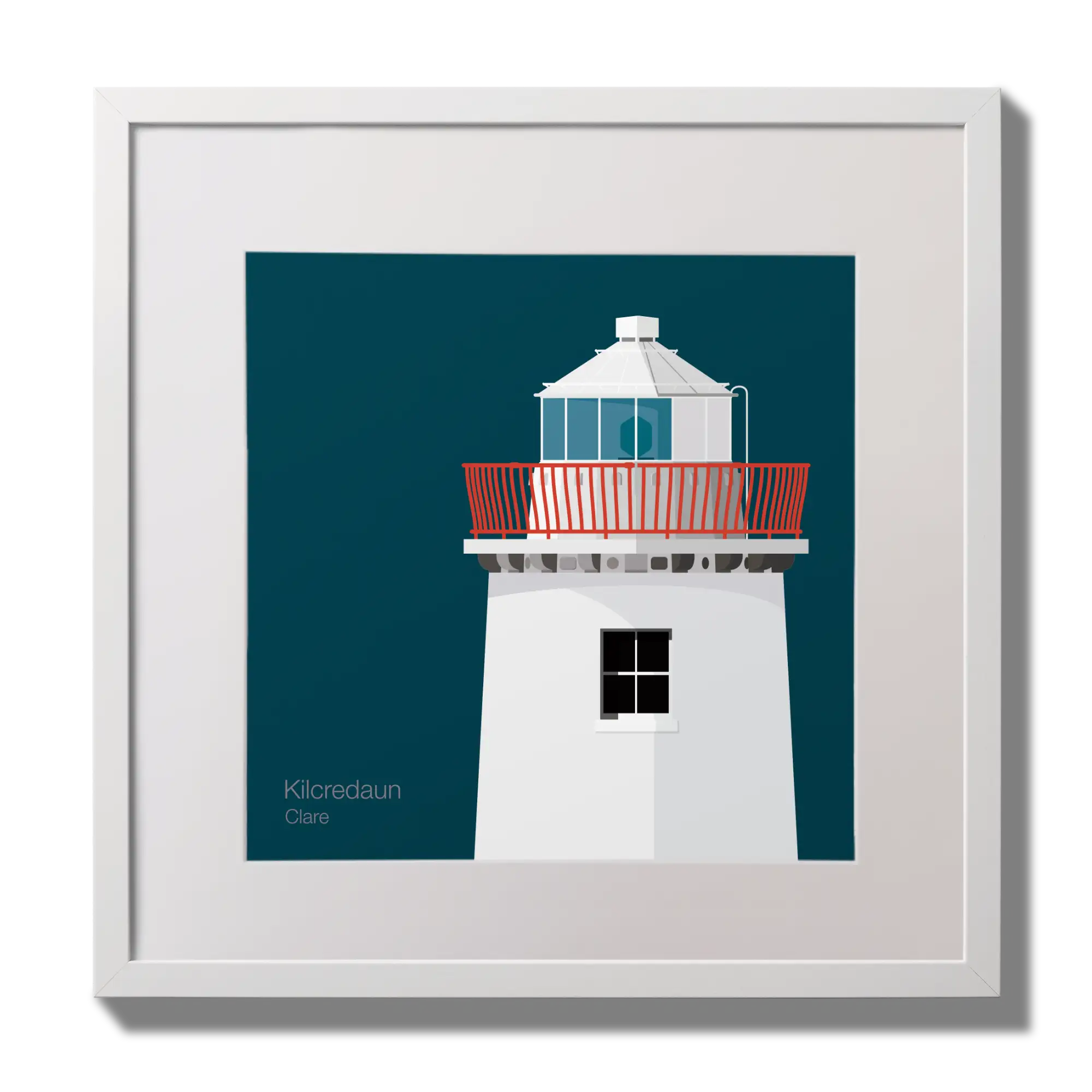 Illustration of Kilcredaun lighthouse on a midnight blue background,  in a white square frame measuring 30x30cm.