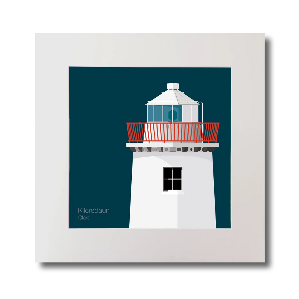 Illustration of Kilcredaun lighthouse on a midnight blue background, mounted and measuring 30x30cm.