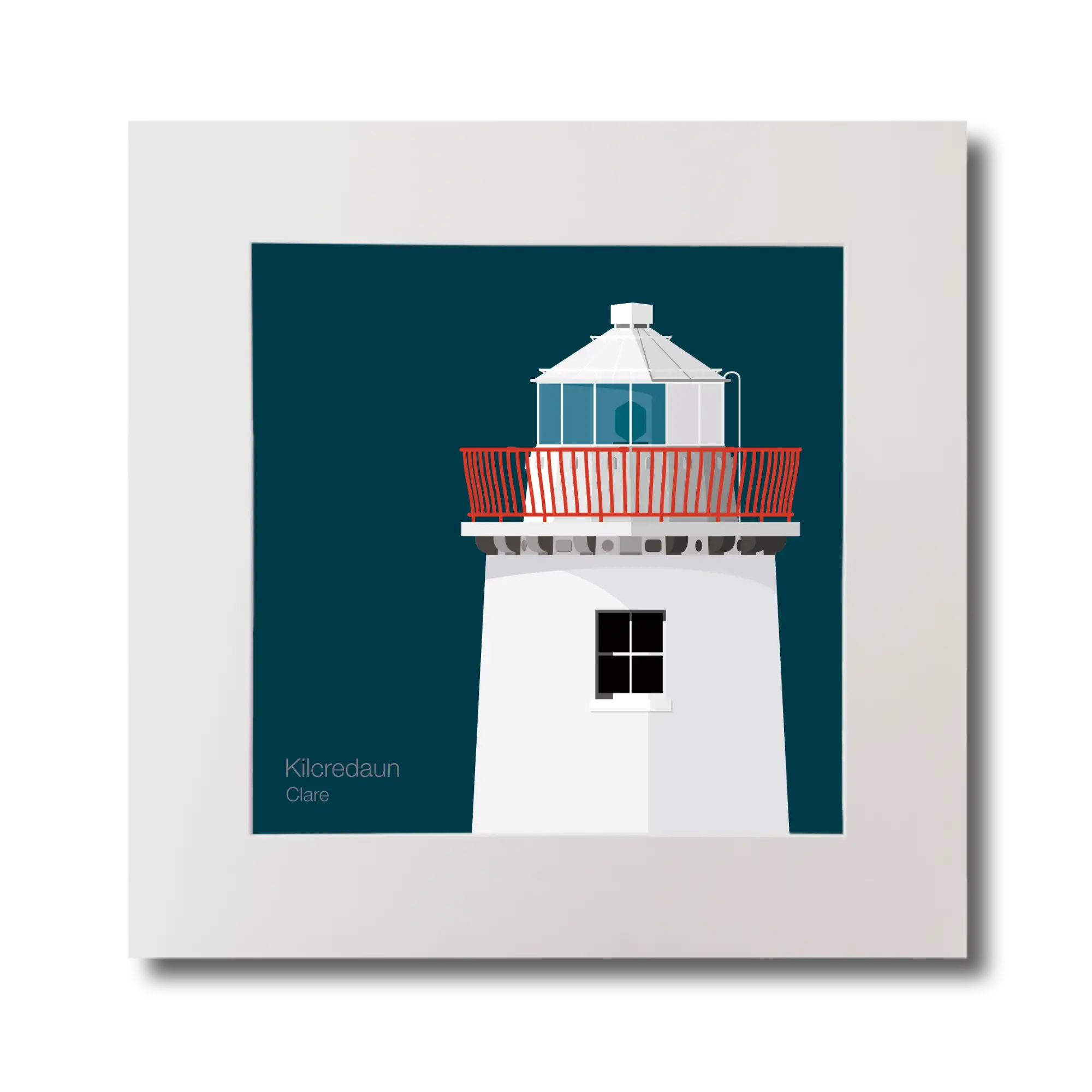 Illustration of Kilcredaun lighthouse on a midnight blue background, mounted and measuring 30x30cm.