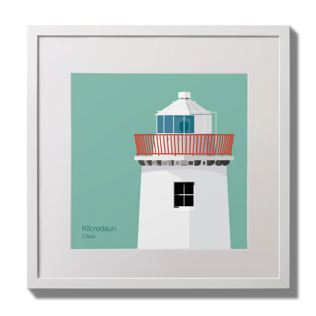 Illustration of Kilcredaun lighthouse on an ocean green background,  in a white square frame measuring 30x30cm.