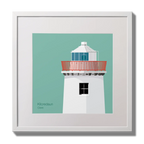 Illustration of Kilcredaun lighthouse on an ocean green background,  in a white square frame measuring 30x30cm.