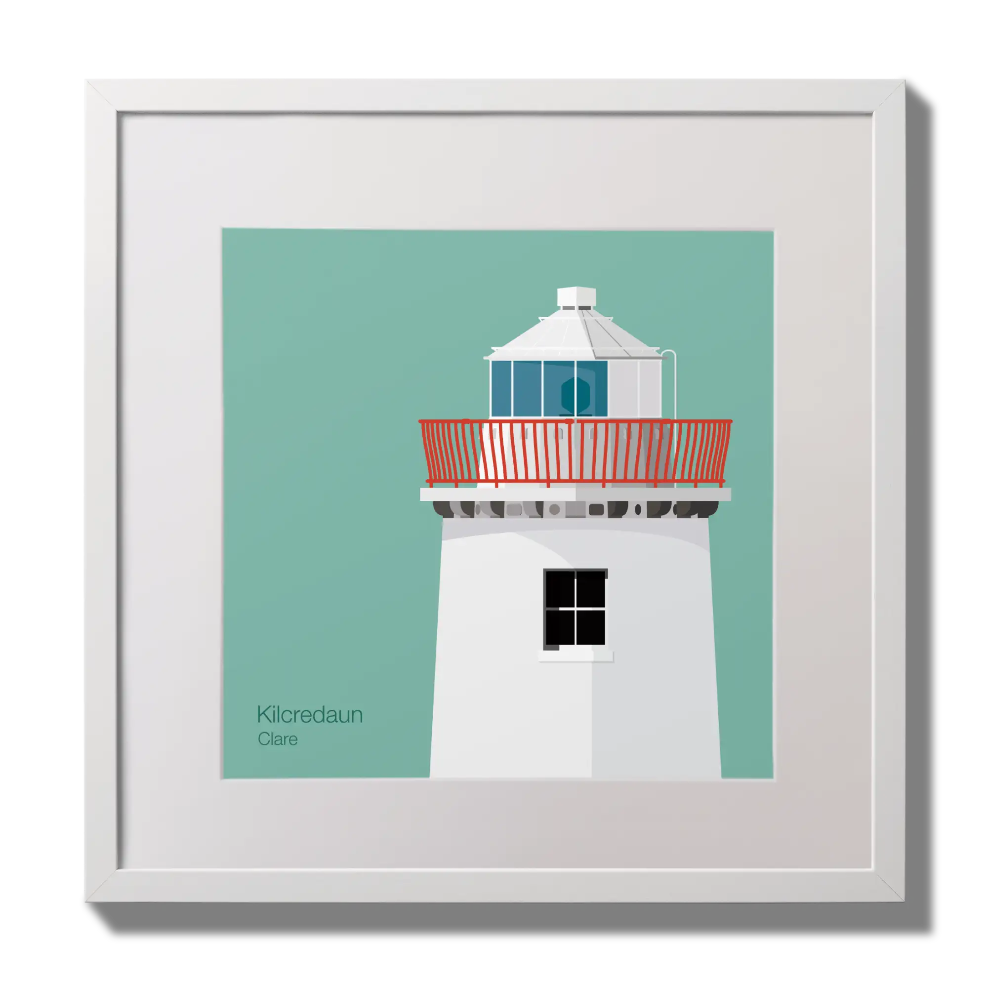 Illustration of Kilcredaun lighthouse on an ocean green background,  in a white square frame measuring 30x30cm.