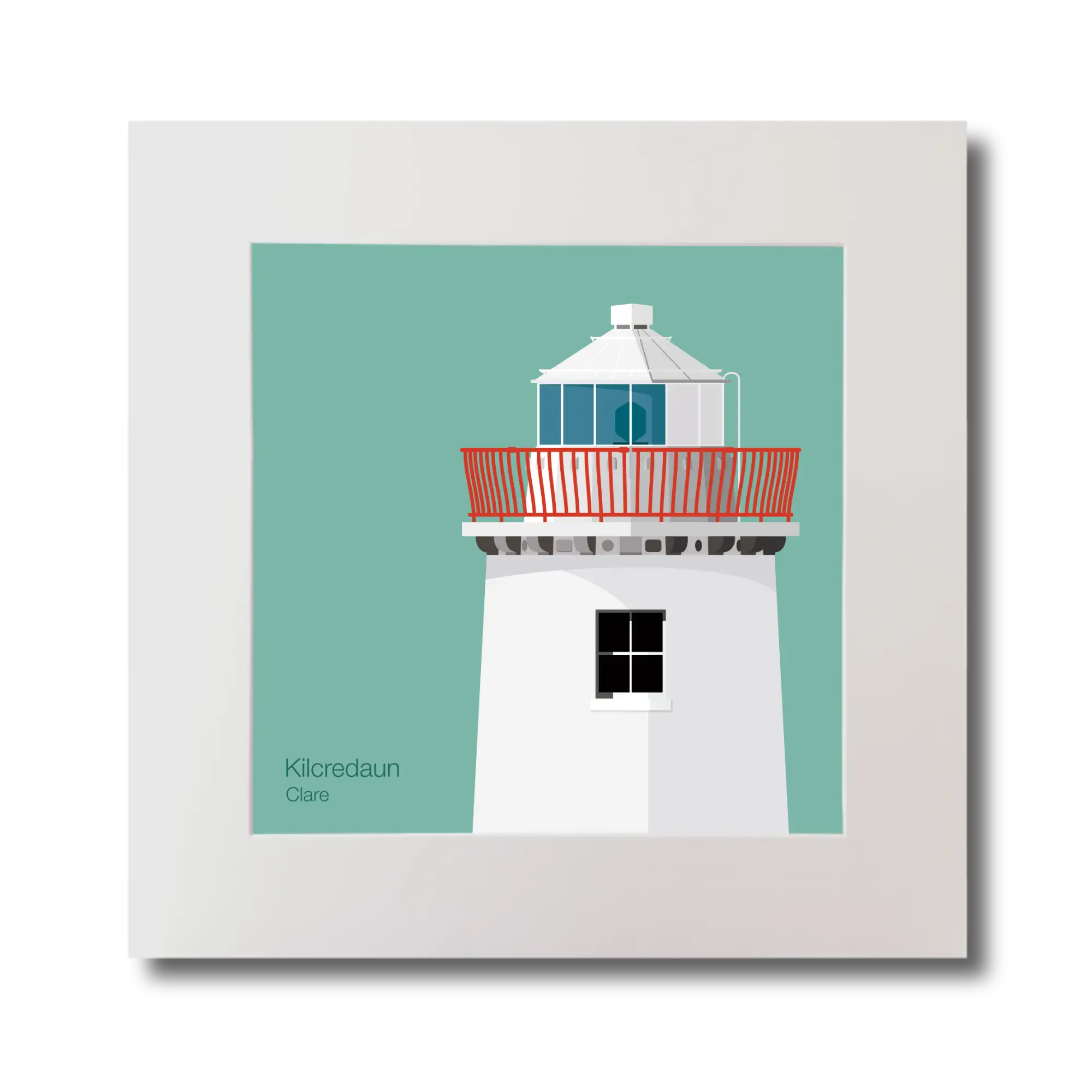 Illustration of Kilcredaun lighthouse on an ocean green background, mounted and measuring 30x30cm.