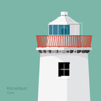 Illustration of Kilcredaun lighthouse on an ocean green background