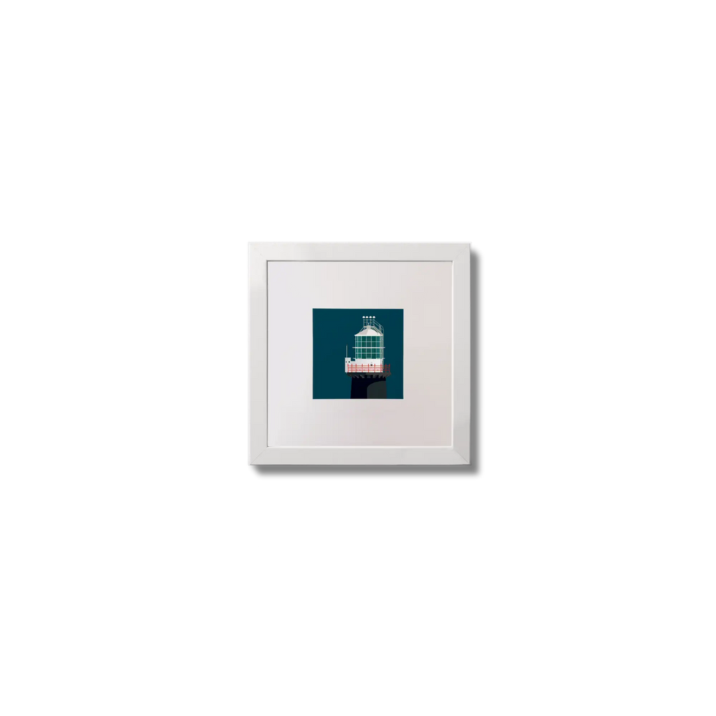 Illustration of Tory Island lighthouse on a midnight blue background,  in a white square frame measuring 10x10cm.