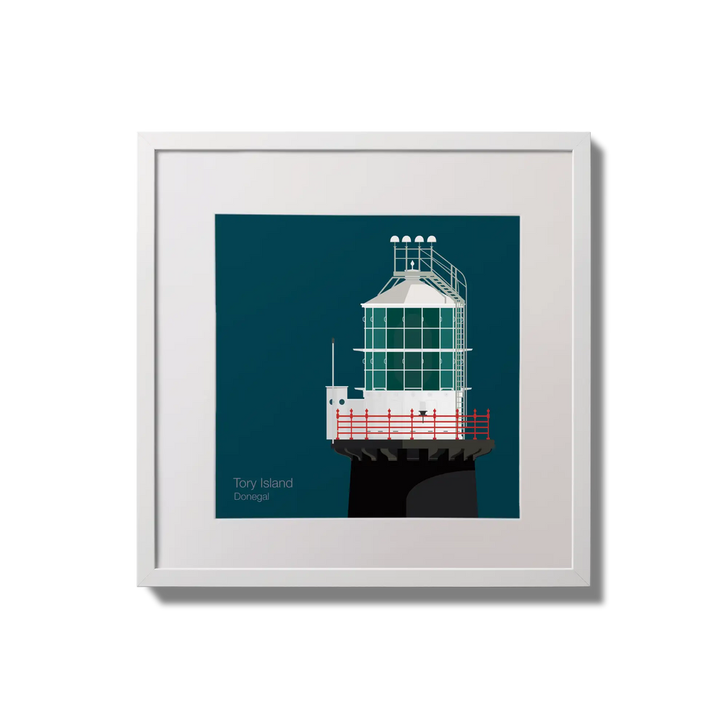 Illustration of Tory Island lighthouse on a midnight blue background,  in a white square frame measuring 20x20cm.