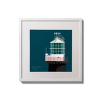 Illustration of Tory Island lighthouse on a midnight blue background,  in a white square frame measuring 20x20cm.