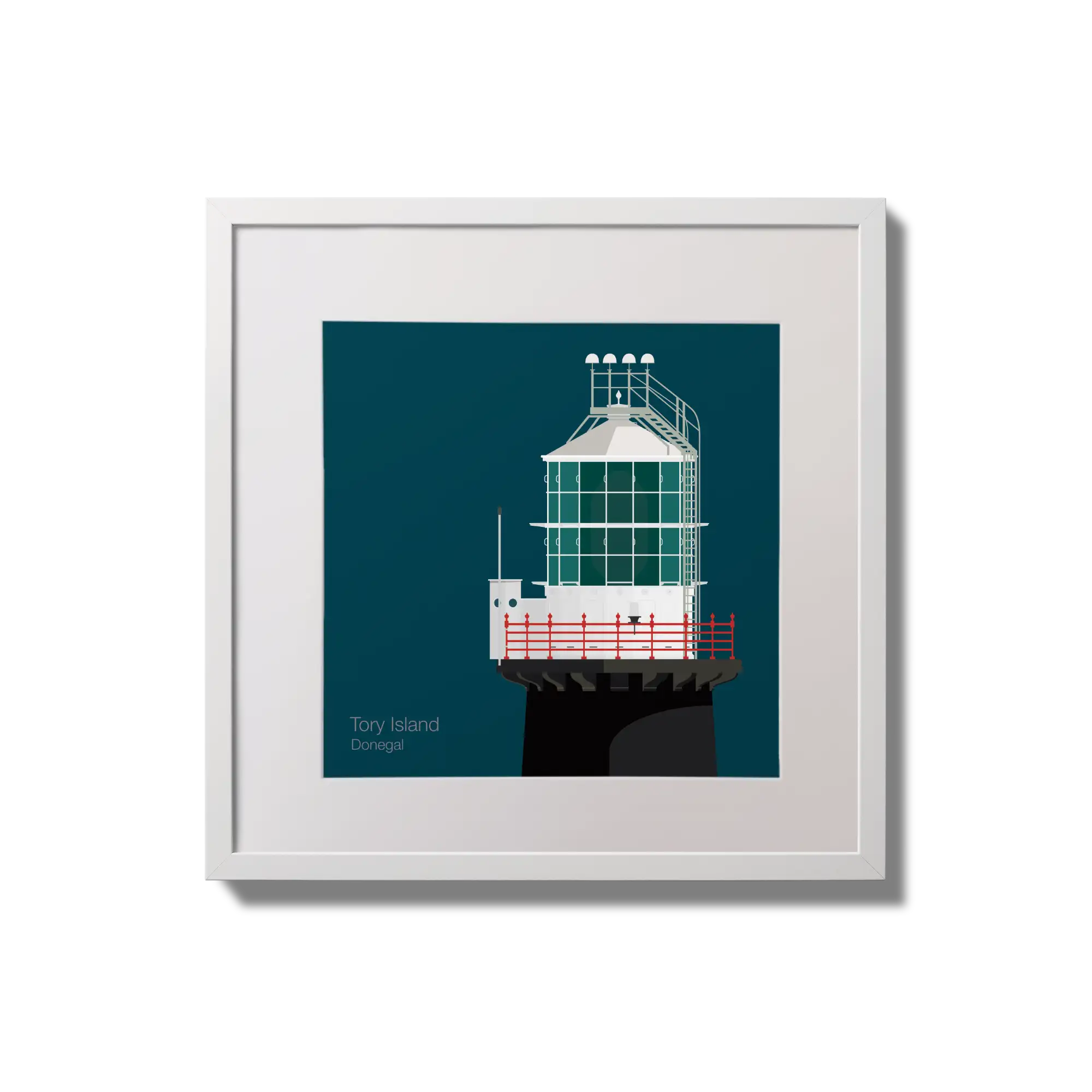 Illustration of Tory Island lighthouse on a midnight blue background,  in a white square frame measuring 20x20cm.