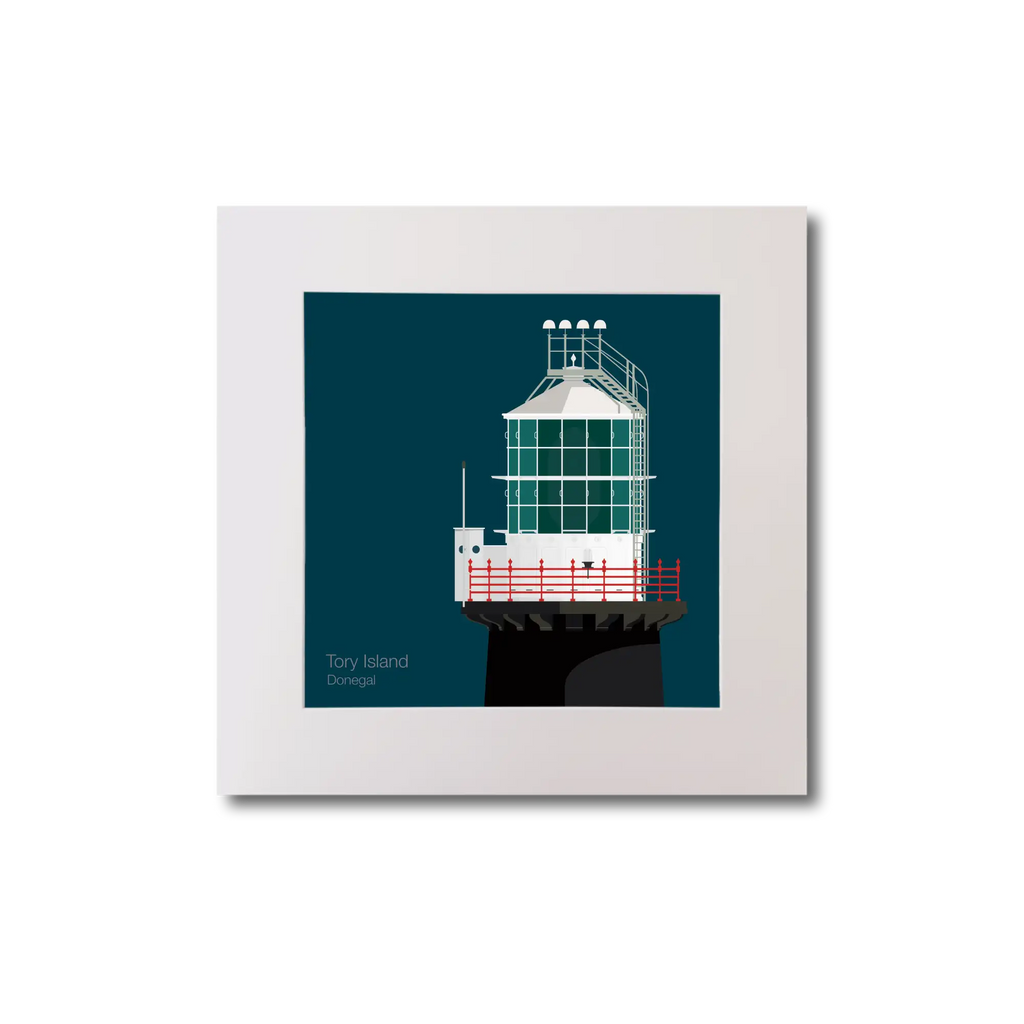Illustration of Tory Island lighthouse on a midnight blue background, mounted and measuring 20x20cm.
