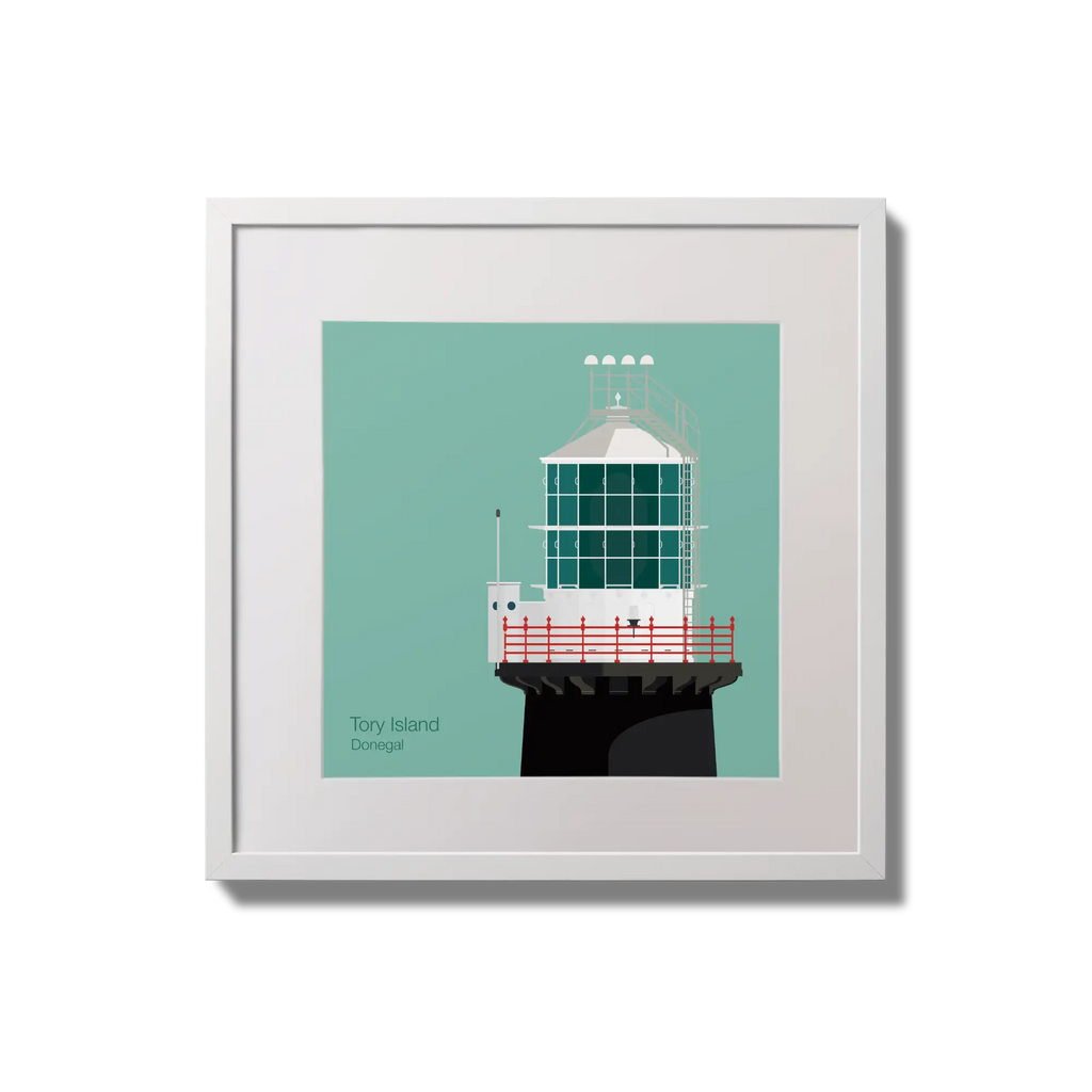 Illustration of Tory Island lighthouse on an ocean green background,  in a white square frame measuring 20x20cm.