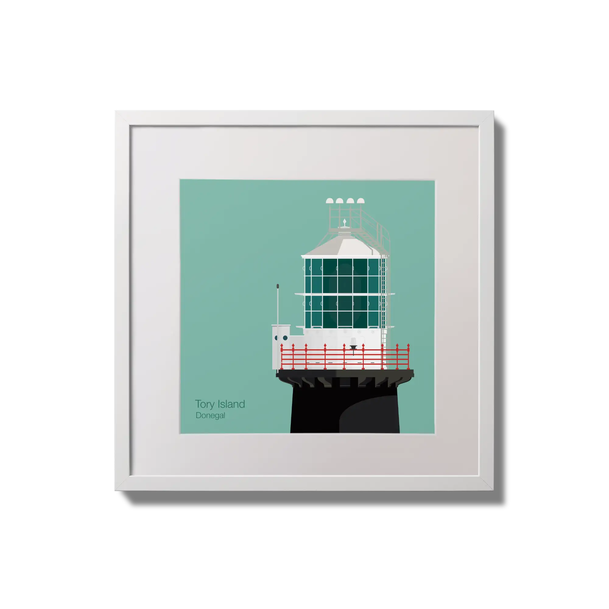 Illustration of Tory Island lighthouse on an ocean green background,  in a white square frame measuring 20x20cm.