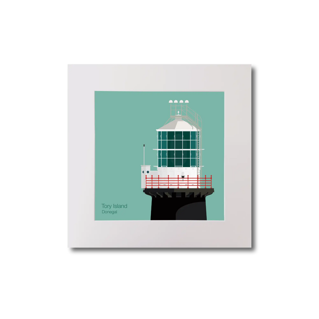 Illustration of Tory Island lighthouse on an ocean green background, mounted and measuring 20x20cm.