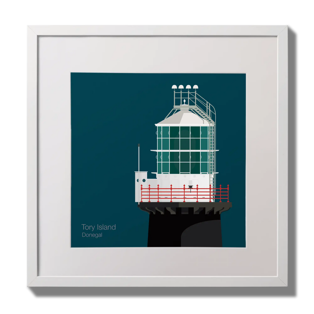 Illustration of Tory Island lighthouse on a midnight blue background,  in a white square frame measuring 30x30cm.