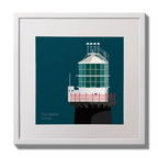 Illustration of Tory Island lighthouse on a midnight blue background,  in a white square frame measuring 30x30cm.