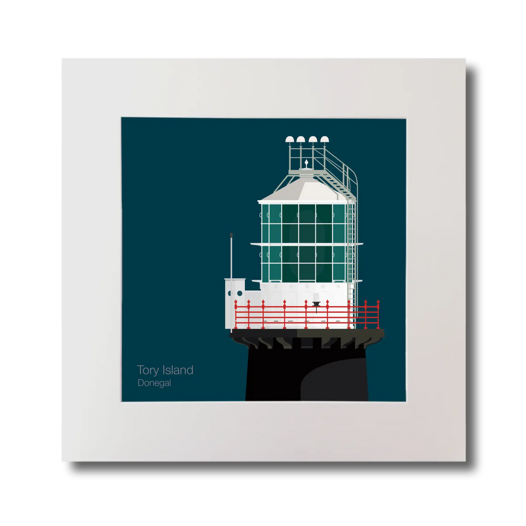 Illustration of Tory Island lighthouse on a midnight blue background, mounted and measuring 30x30cm.