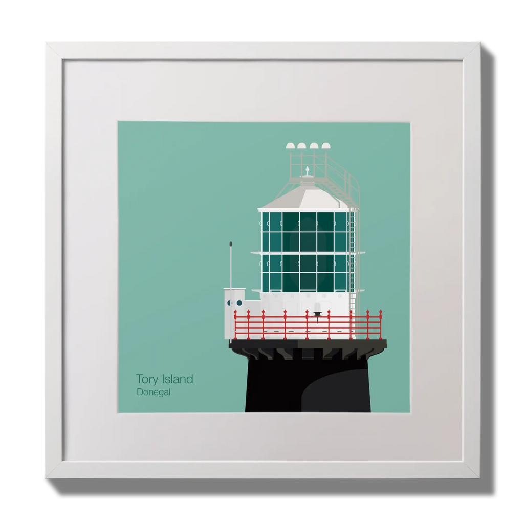 Illustration of Tory Island lighthouse on an ocean green background,  in a white square frame measuring 30x30cm.