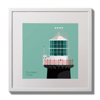 Illustration of Tory Island lighthouse on an ocean green background,  in a white square frame measuring 30x30cm.