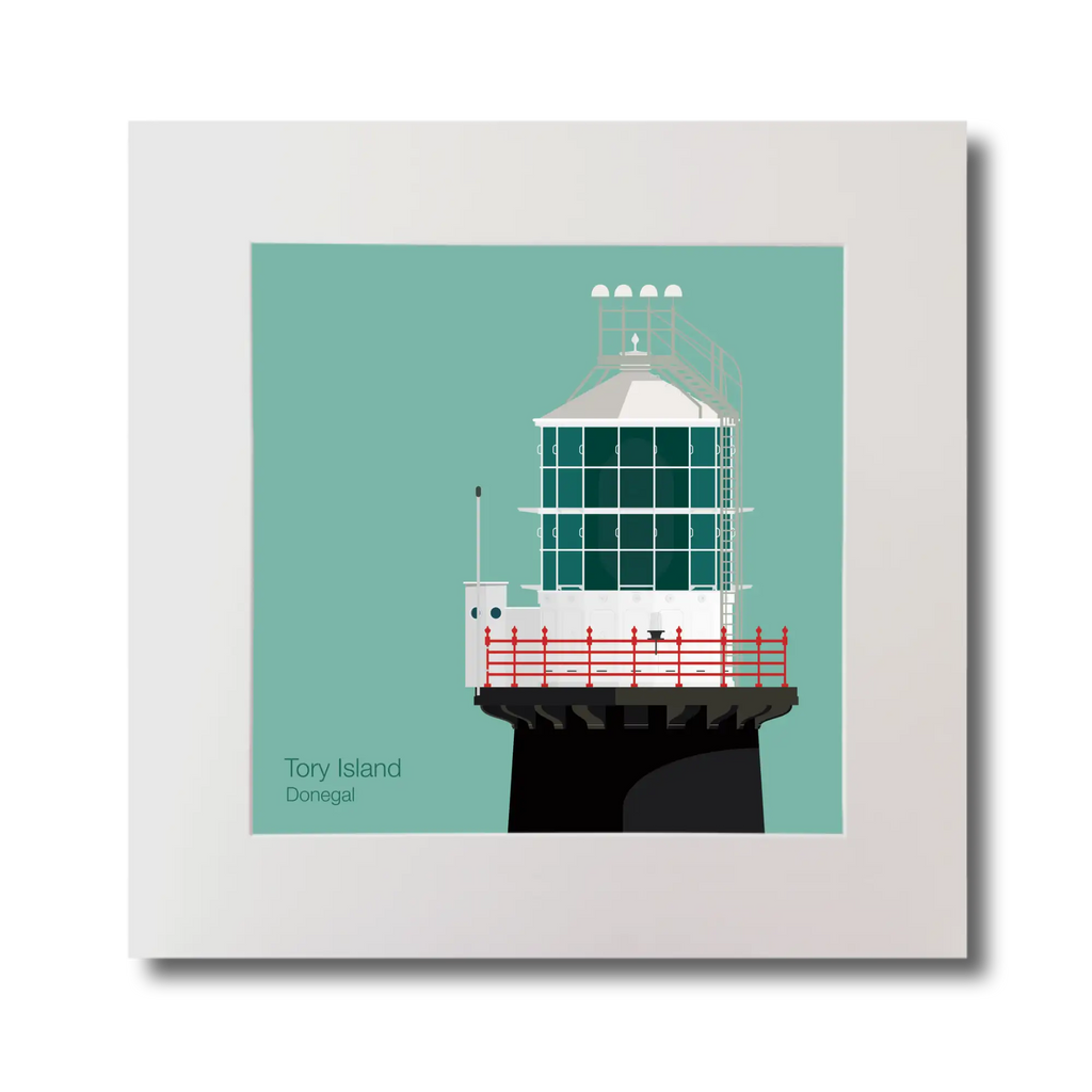Illustration of Tory Island lighthouse on an ocean green background, mounted and measuring 30x30cm.