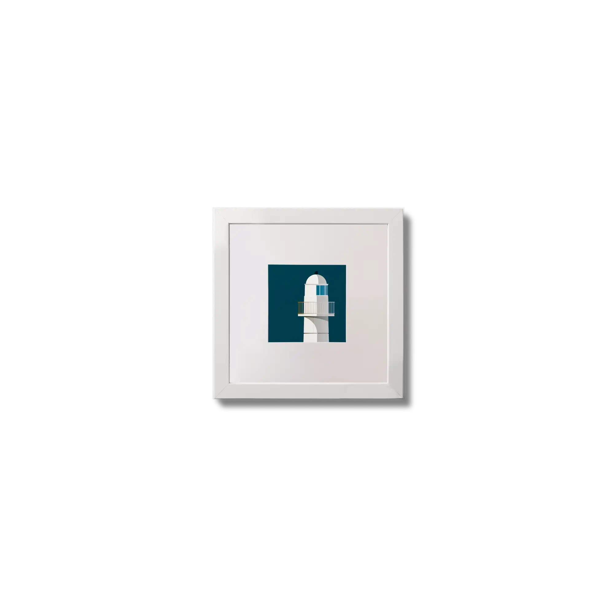 Illustration of Dingle lighthouse on a midnight blue background,  in a white square frame measuring 10x10cm.