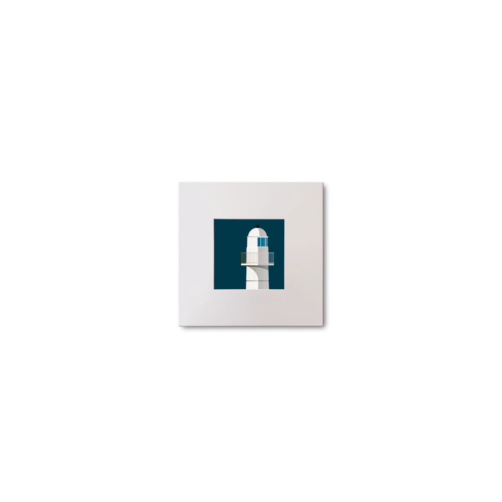Illustration of Dingle lighthouse on a midnight blue background, mounted and measuring 10x10cm.