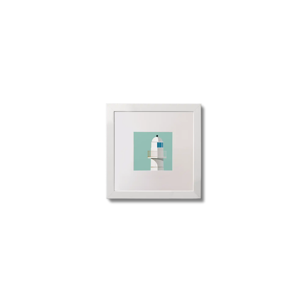 Illustration of Dingle lighthouse on an ocean green background,  in a white square frame measuring 10x10cm.