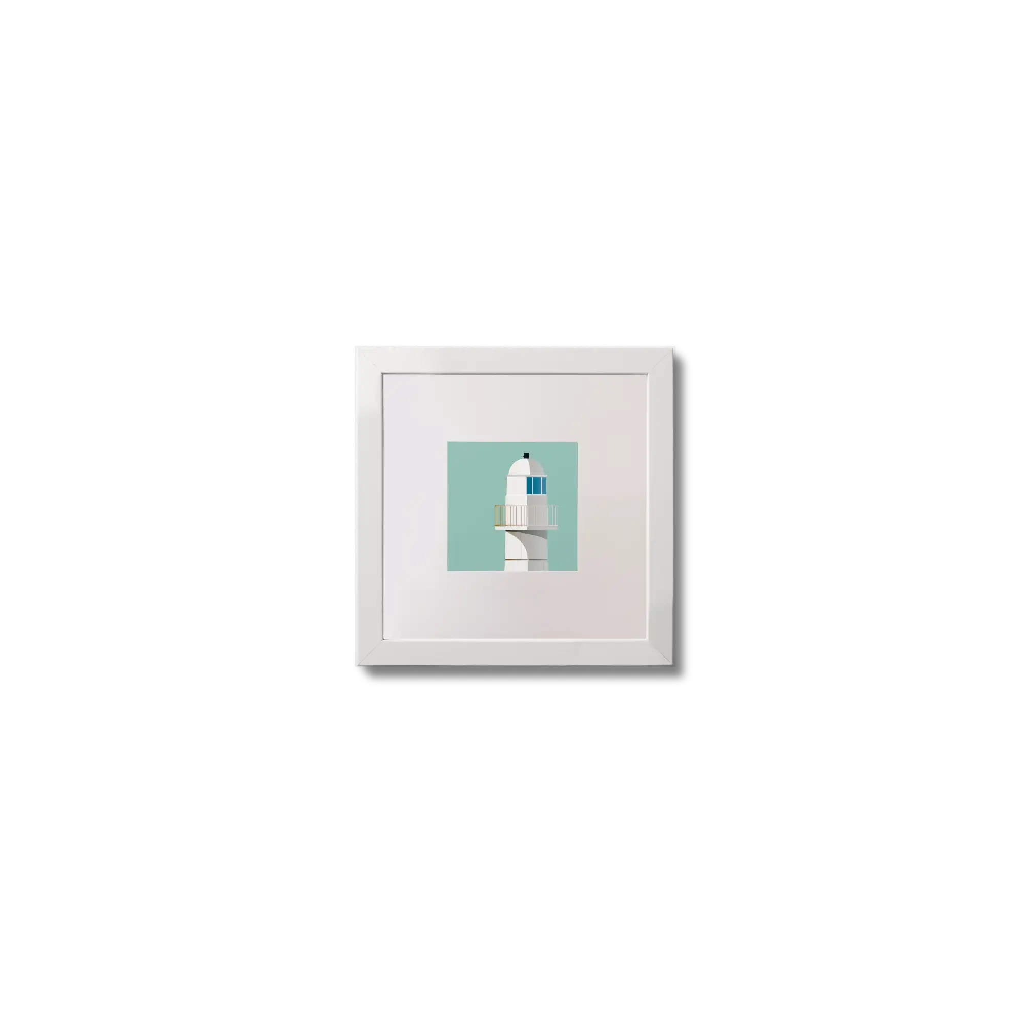Illustration of Dingle lighthouse on an ocean green background,  in a white square frame measuring 10x10cm.