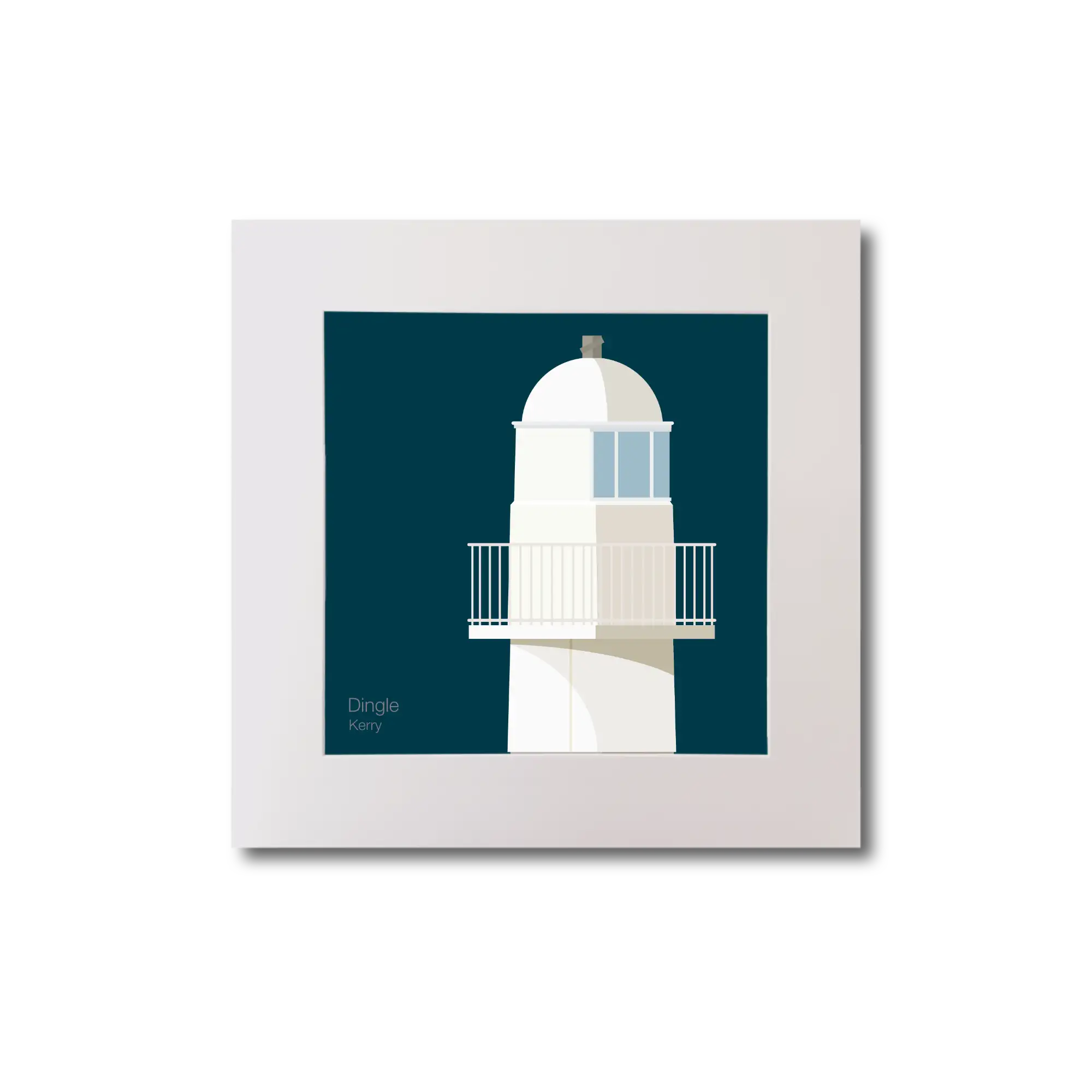 Illustration of Dingle lighthouse on a midnight blue background, mounted and measuring 20x20cm.
