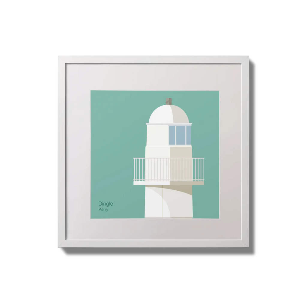 Illustration of Dingle lighthouse on an ocean green background,  in a white square frame measuring 20x20cm.