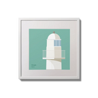 Illustration of Dingle lighthouse on an ocean green background,  in a white square frame measuring 20x20cm.