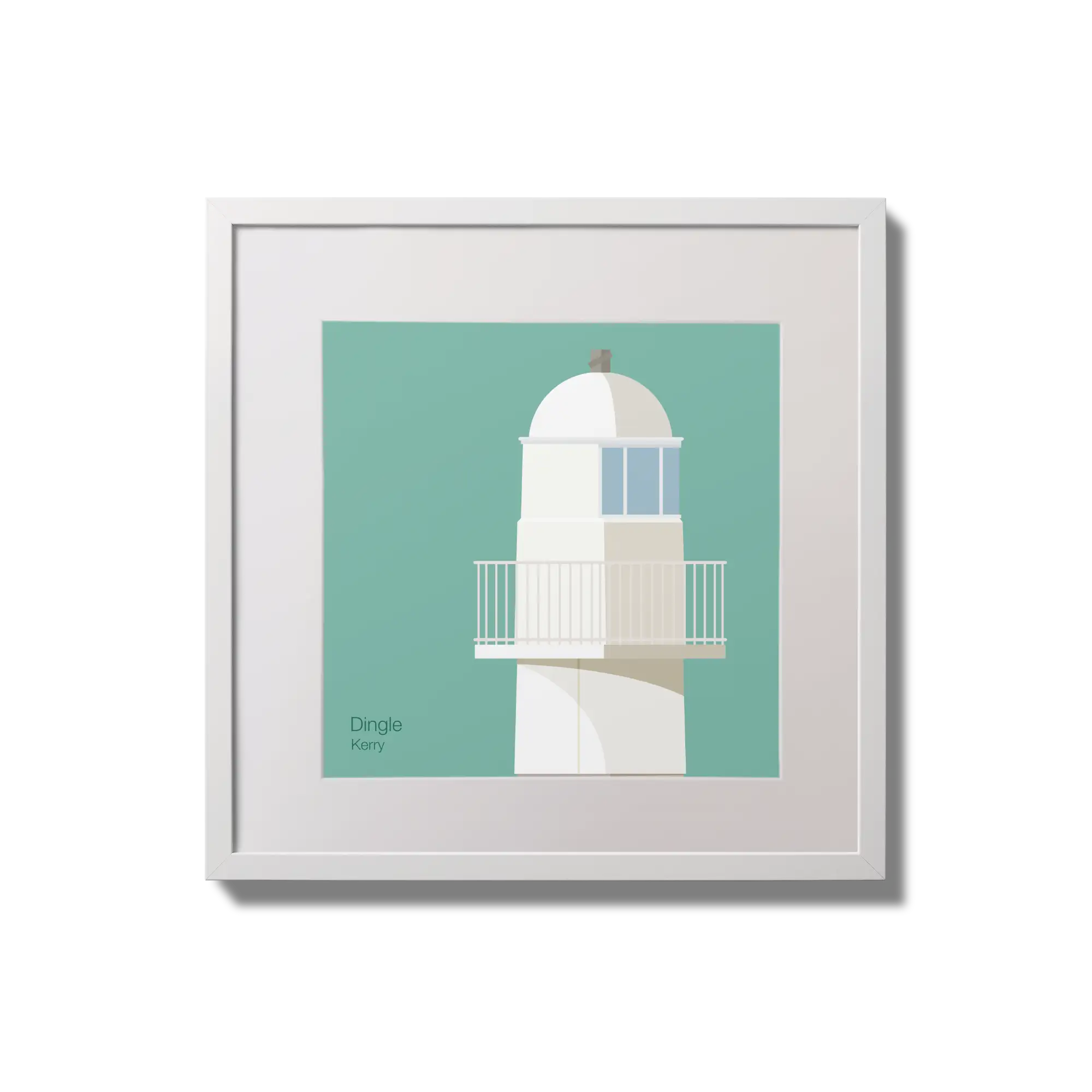 Illustration of Dingle lighthouse on an ocean green background,  in a white square frame measuring 20x20cm.