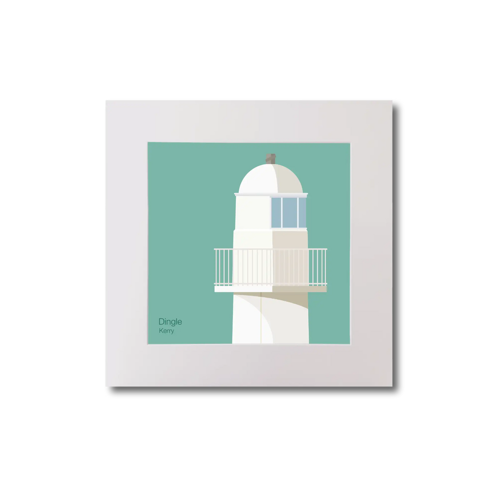 Illustration of Dingle lighthouse on an ocean green background, mounted and measuring 20x20cm.