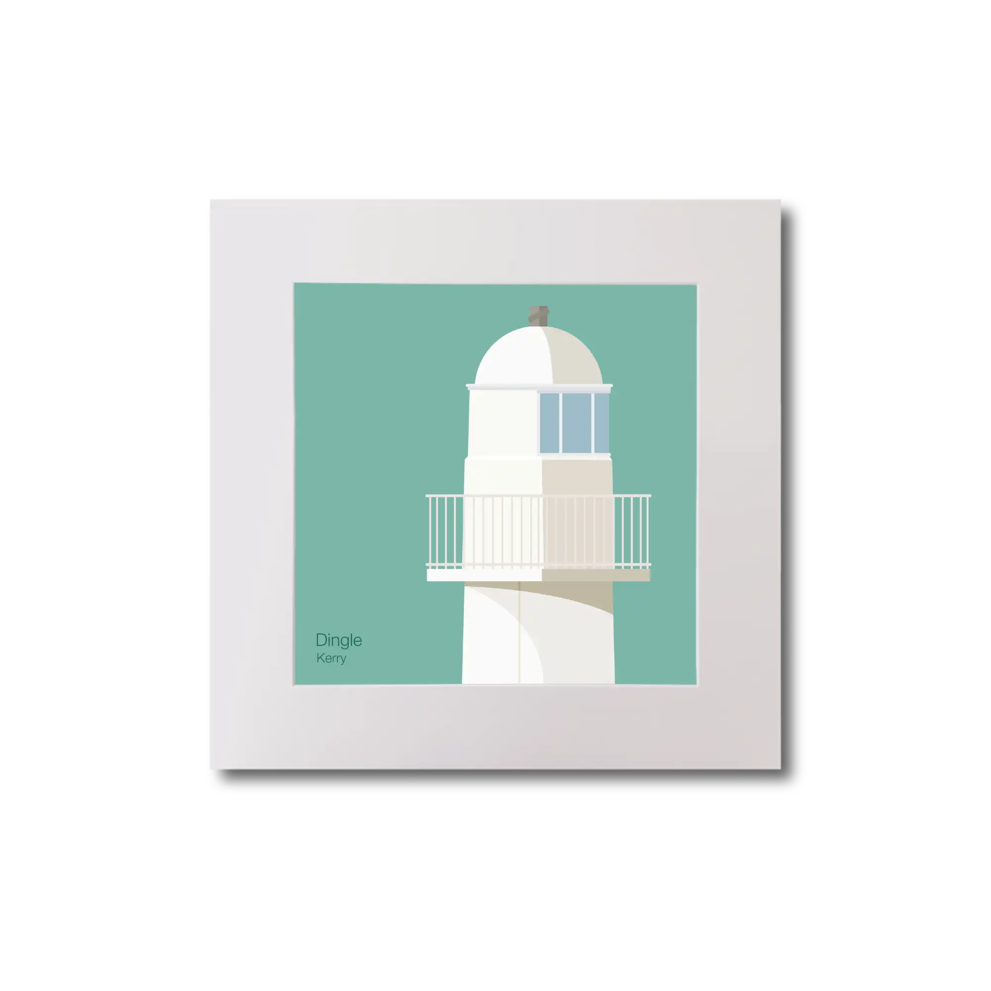 Illustration of Dingle lighthouse on an ocean green background, mounted and measuring 20x20cm.