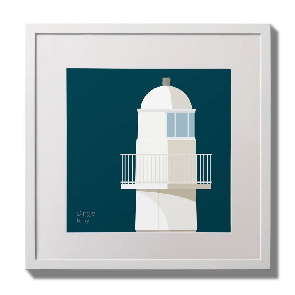 Illustration of Dingle lighthouse on a midnight blue background,  in a white square frame measuring 30x30cm.