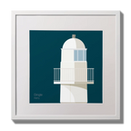 Illustration of Dingle lighthouse on a midnight blue background,  in a white square frame measuring 30x30cm.